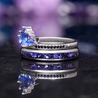 Blue Lotus Orion Nebula Wedding Ring Set: His and Hers Engagement Rings with Sapphire, Amethyst, Tungsten & Sterling Silver for Space Lovers