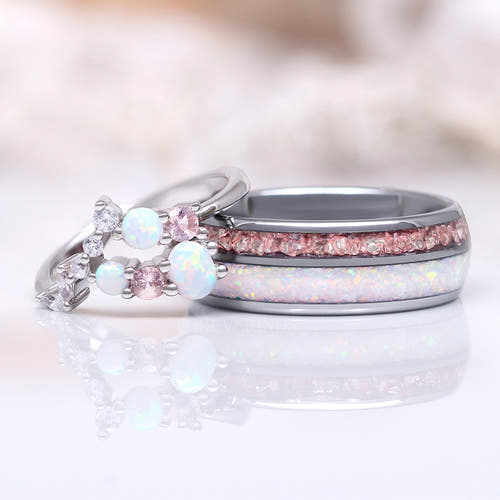 Matching silver couples ring set, opal cluster ring and 8mm band with morganite and opal inlay