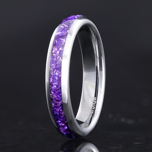 4mm silver tungsten wedding band with crushed amethyst inlay, standing on edge