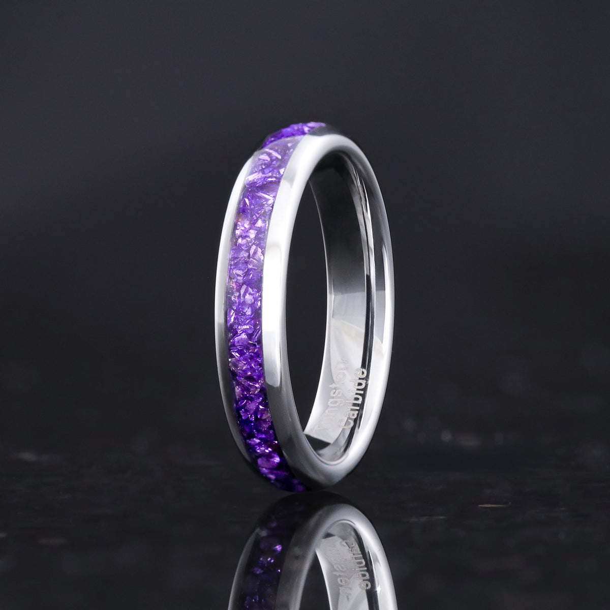 Amethyst Wedding Band, Purple Ring, Silver Tungsten Ring, Women Men Ring, Dome, Polish, Comfort Fit, Simple and Unique Promise Ring