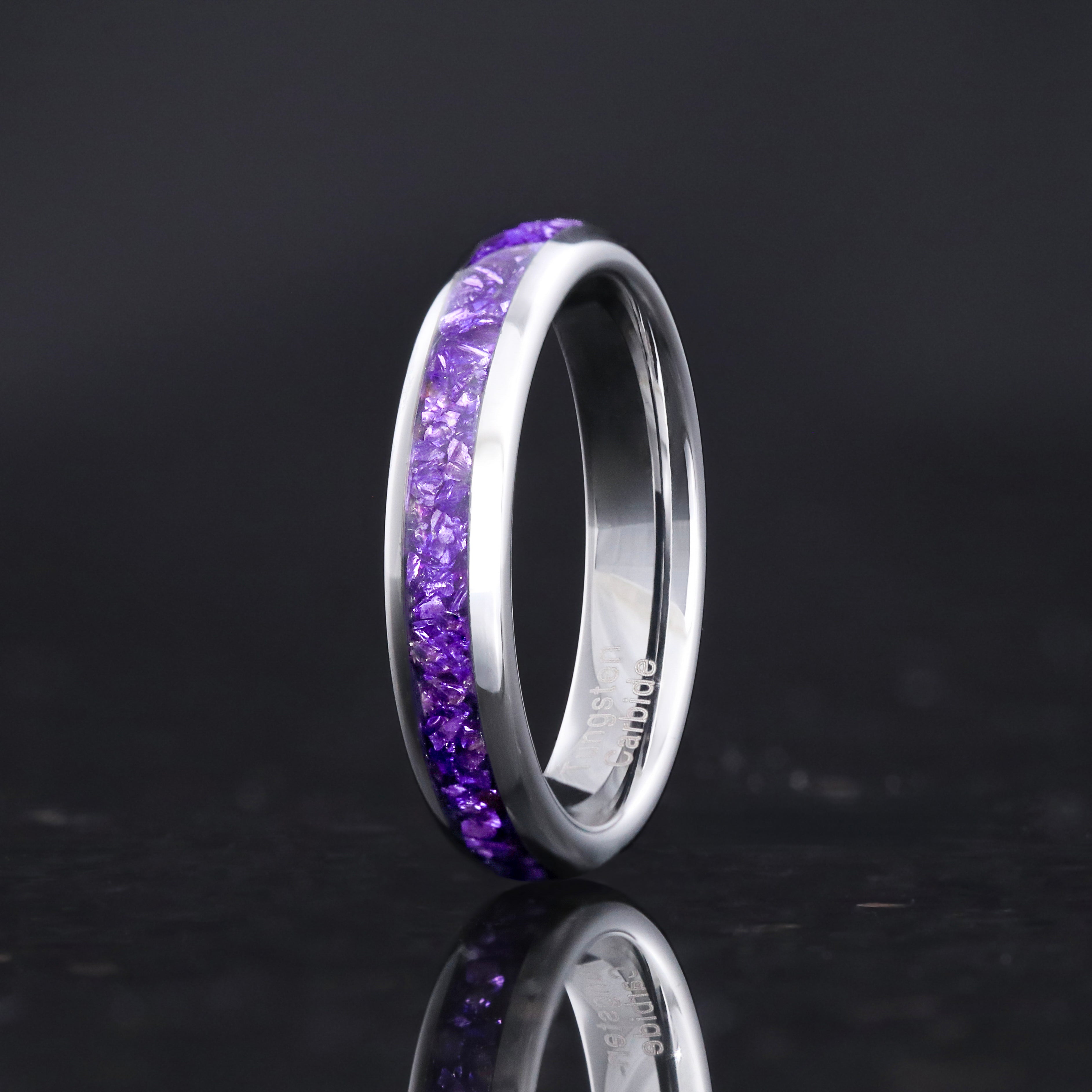 Amethyst Ring Set, Purple His and Hers Tungsten Wedding Bands, 8mm & 4mm Matching Couples Rings, Unique Purple Promise Wedding Ring Set