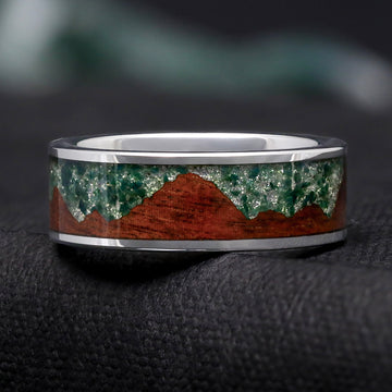 Moss Agate Mens Wedding Band | Koa Wood Mountain Silver Tungsten