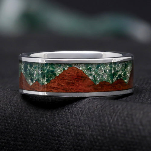 Moss Agate Mens Wedding Band | Koa Wood Mountain Silver Tungsten