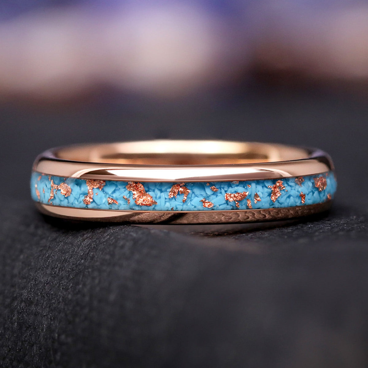 Western crushed turquoise wedding band rose gold foil tungsten ring 4mm