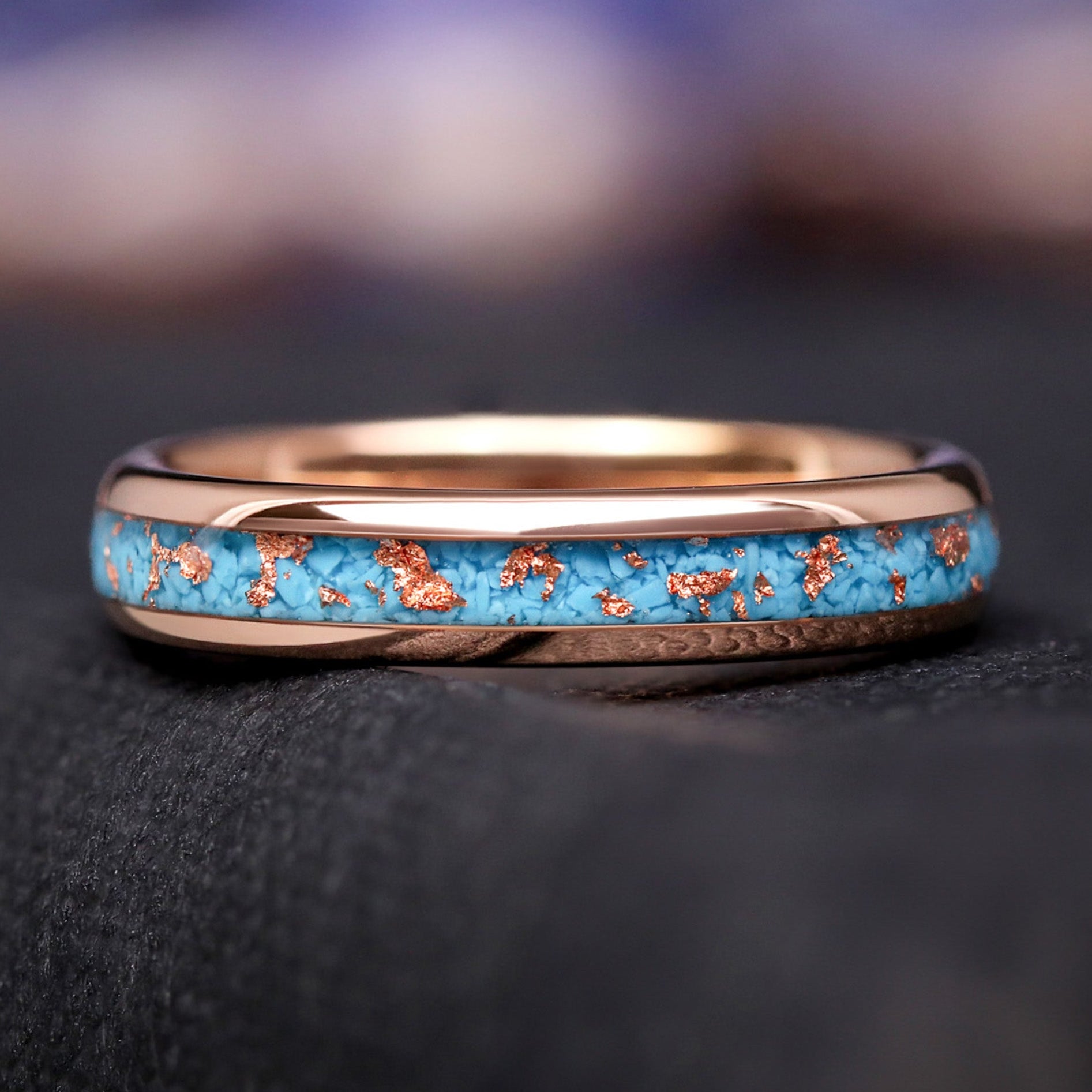 Western Crushed Turquoise Wedding Band, Rose Gold Foil Tungsten Ring, Polished Dome, Comfort Fit, 4mm Unique Ring for Men or Women