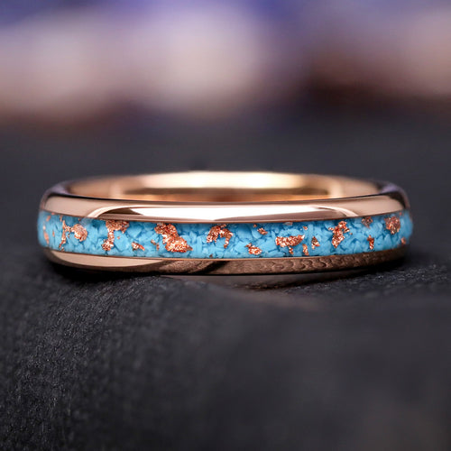Western crushed turquoise wedding band rose gold foil tungsten ring 4mm