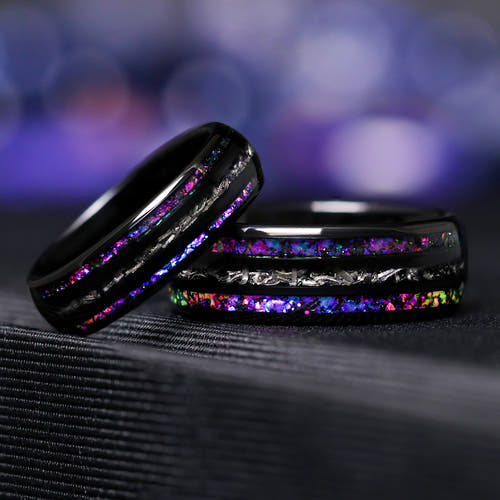 Cosmic meteorite men’s ring Orion Nebula 8mm and 6mm black space band