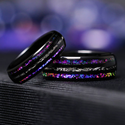Cosmic meteorite men’s ring Orion Nebula 8mm and 6mm black space band