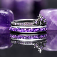 Matching amethyst star engagement and wedding bands for couples