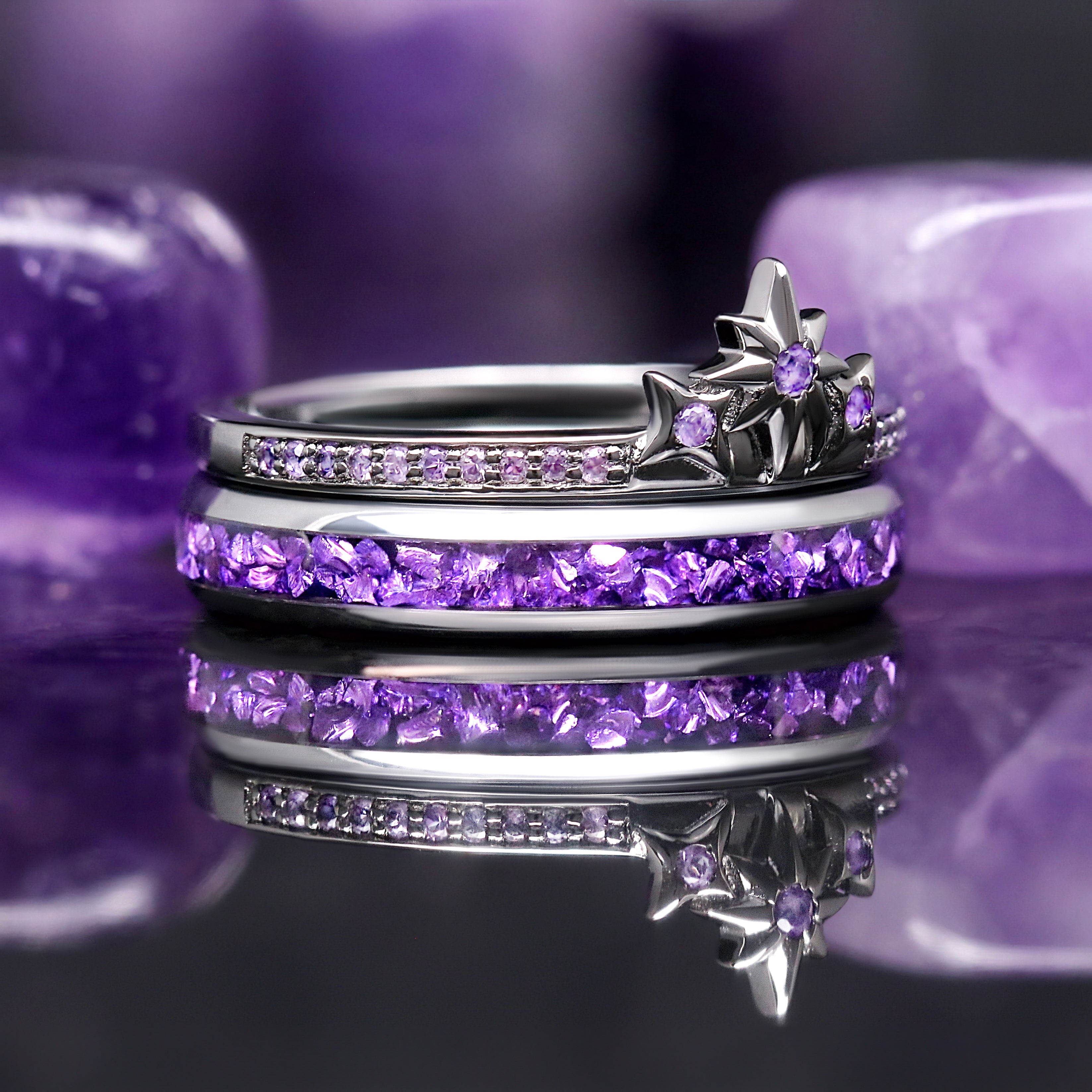 Amethyst Star Stacking Engagement Ring - Women’s Purple Wedding Band, Black Sterling Promise Ring, Space-Inspired Fantasy Jewelry Gift