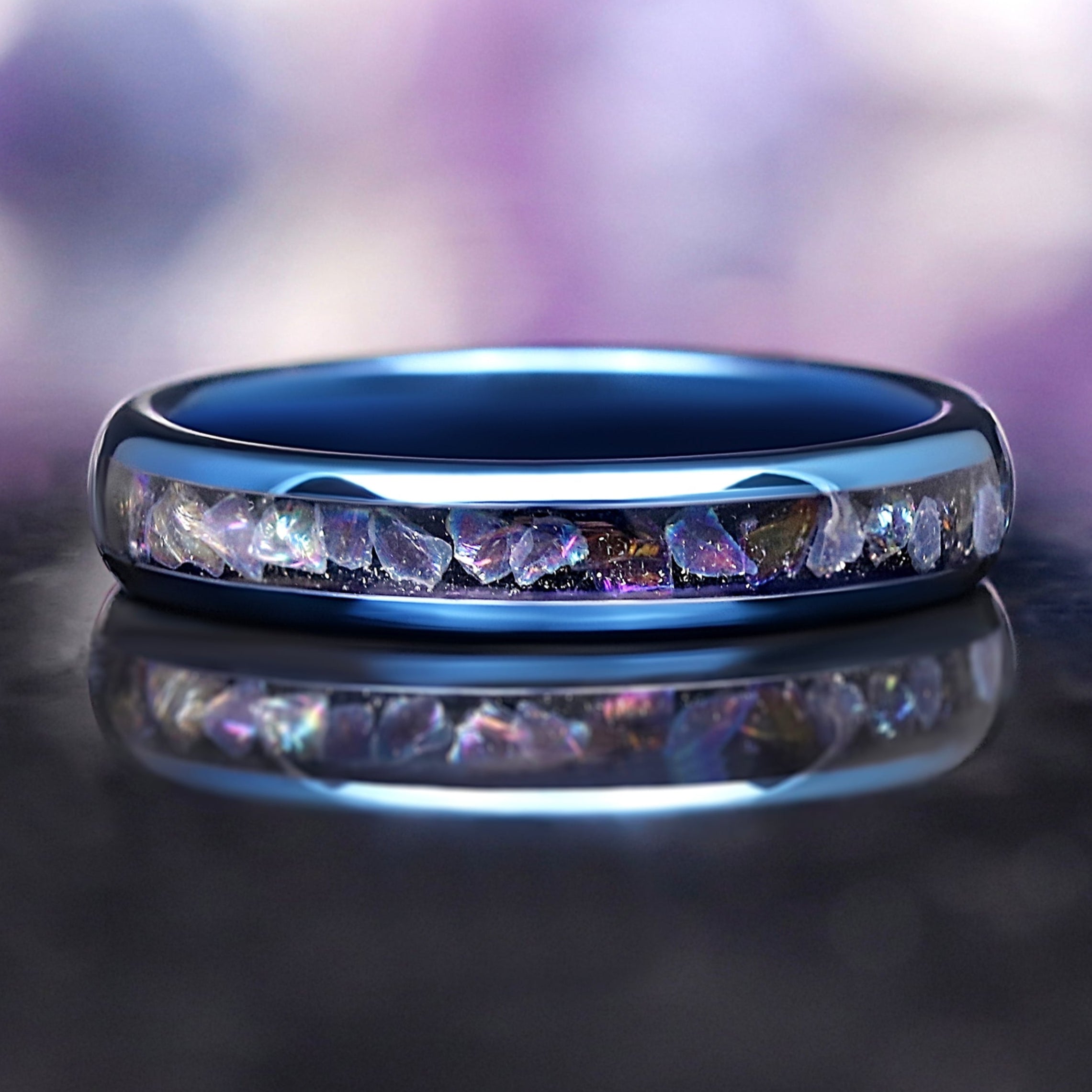 Celestial Moonstone Wedding Band | 4mm Blue Tungsten Ring Inspired by the Veil Nebula