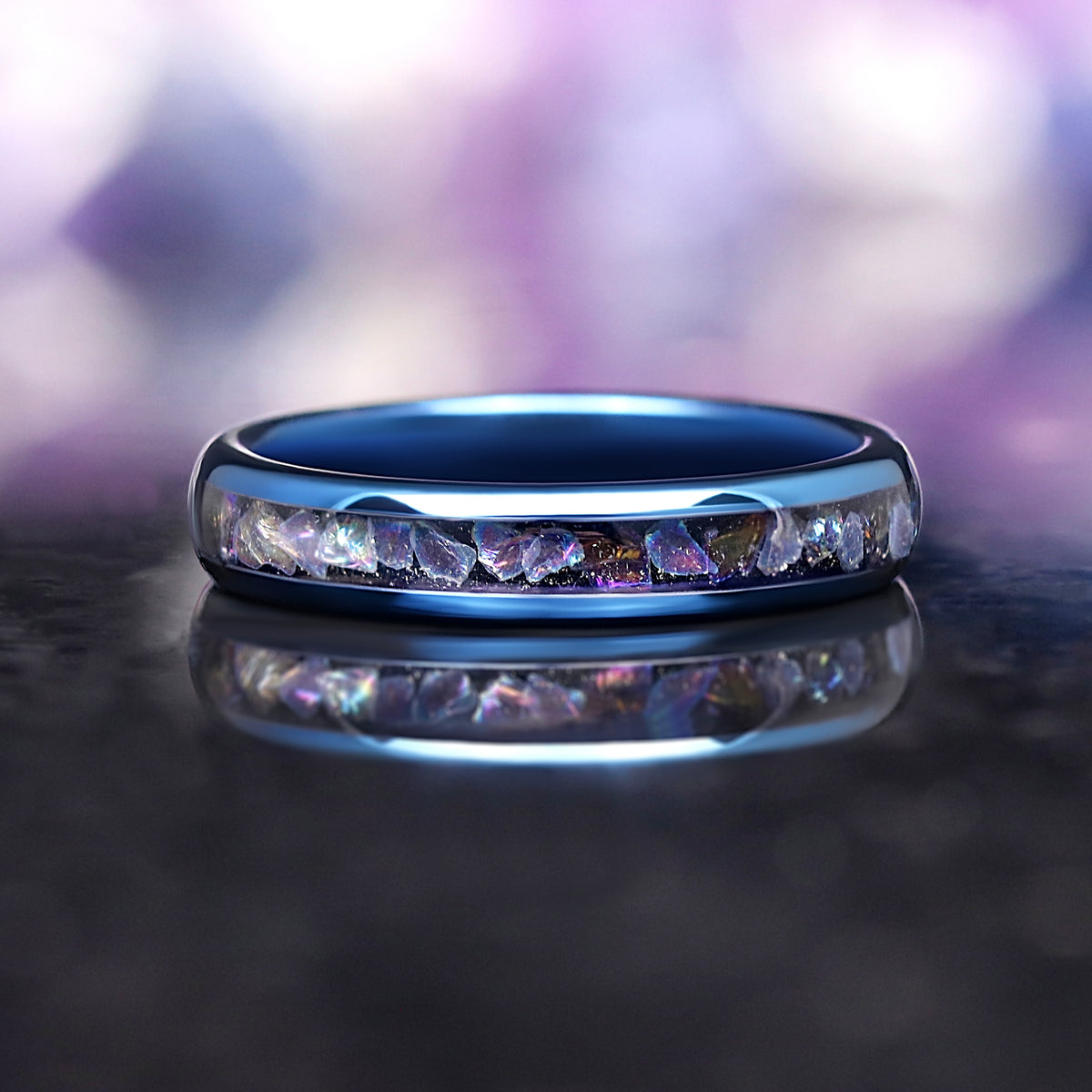 Blue tungsten ring with moonstone inlay, unisex space wedding band with polished dome and comfort fit