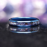 Blue tungsten ring with moonstone inlay, unisex space wedding band with polished dome and comfort fit