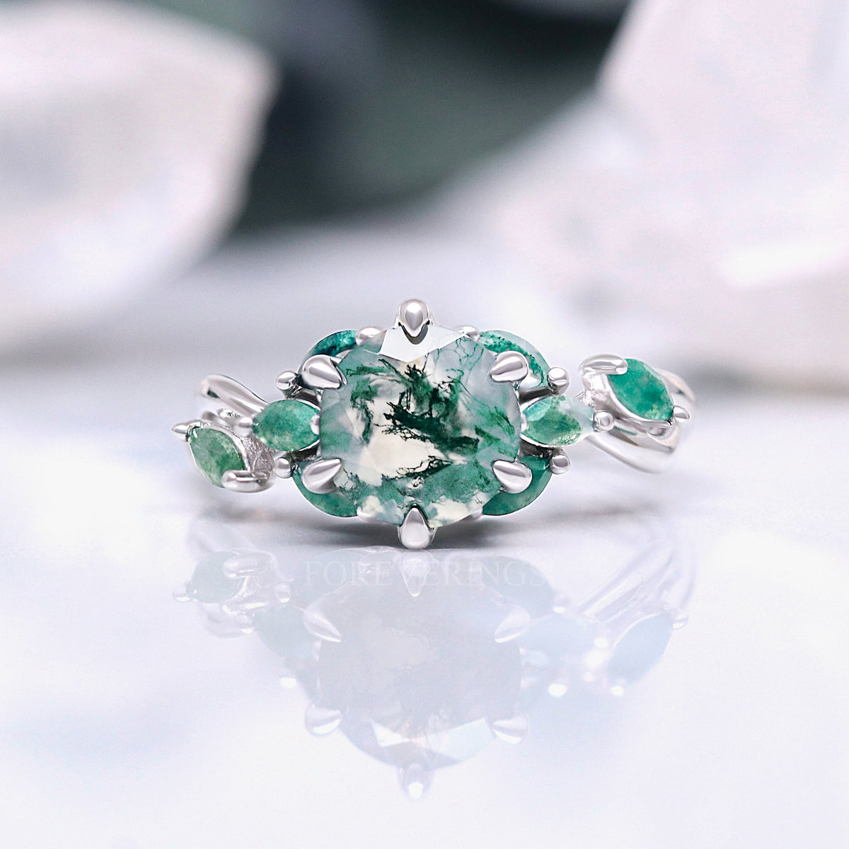 Nesta Moss Agate Ring, Unique Engagement Ring, Enchanted Promise Ring, Fantasy Wedding Ring, 925 Sterling Silver, Womens Nature Leaf Ring