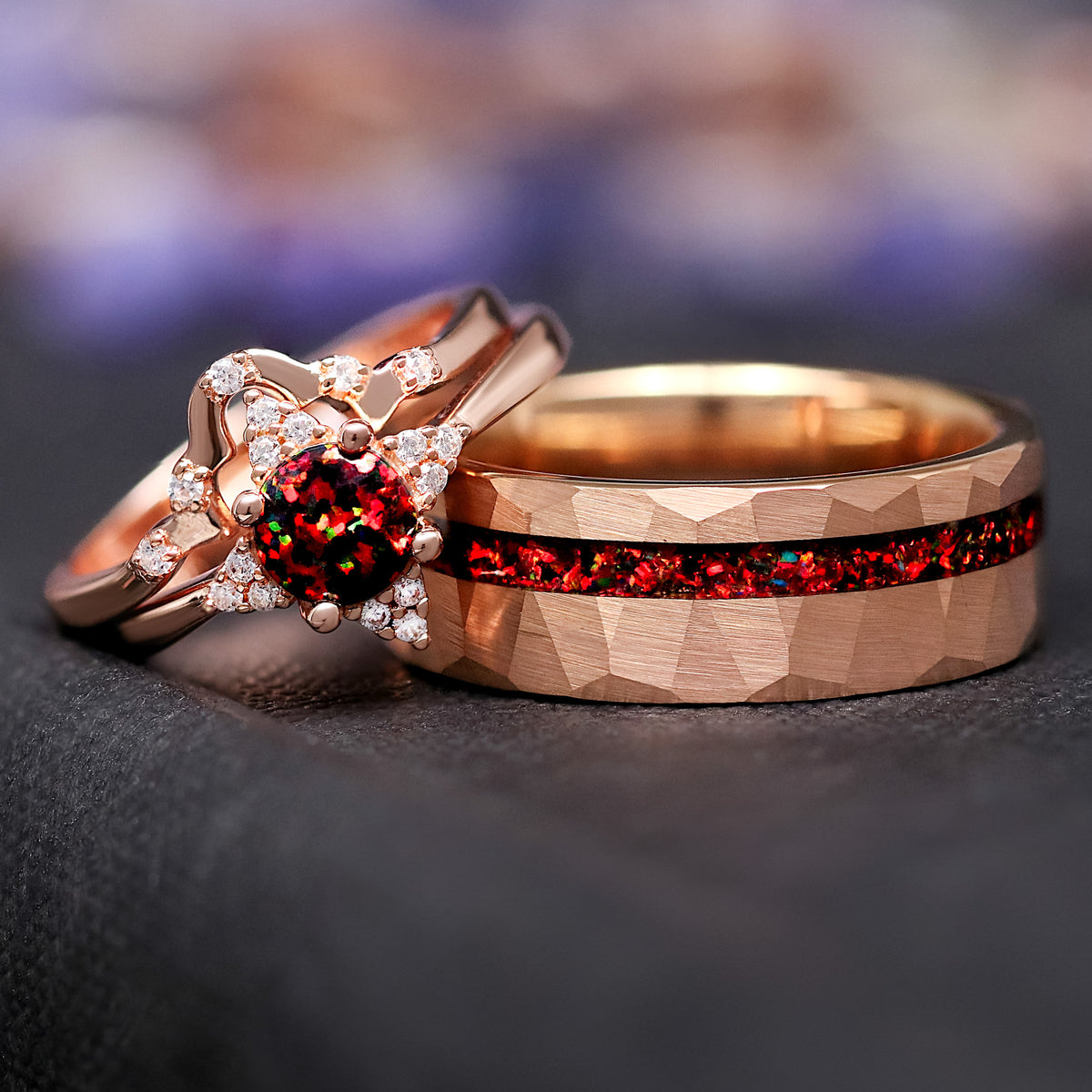Veloura Black Opal Couples Ring in Rose Gold, His and Hers Wedding Ring Set, Black Fire Opal, Matching Bands, Nontraditional Engagement Ring Set