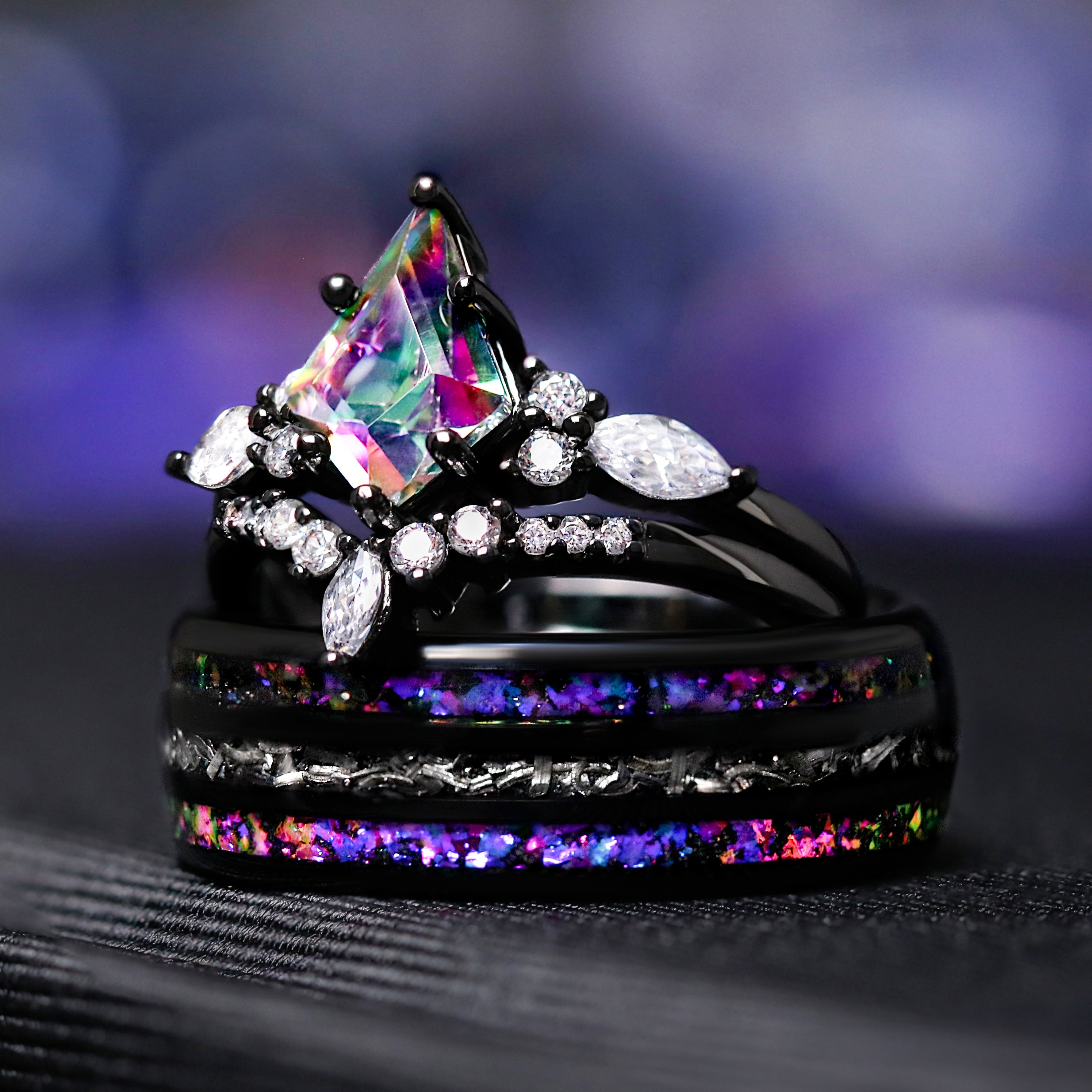 Black Mystic Topaz Galaxy Ring Set, Kite Cut Engagement Ring, Meteorite Couples Bands, His and Hers Space Wedding Set, Unique Promise Rings