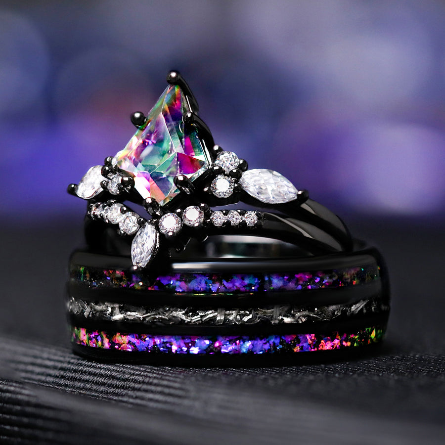 Unique promise rings with black mystic topaz and cosmic design