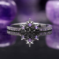 Women and men’s stacking amethyst rings for engagement and wedding