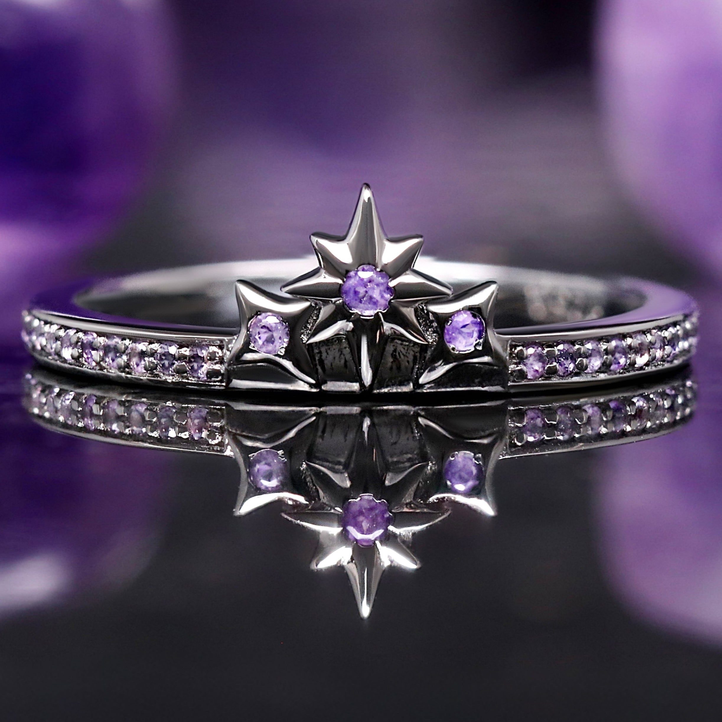 Amethyst Star Stacking Engagement Ring - Women’s Purple Wedding Band, Black Sterling Promise Ring, Space-Inspired Fantasy Jewelry Gift