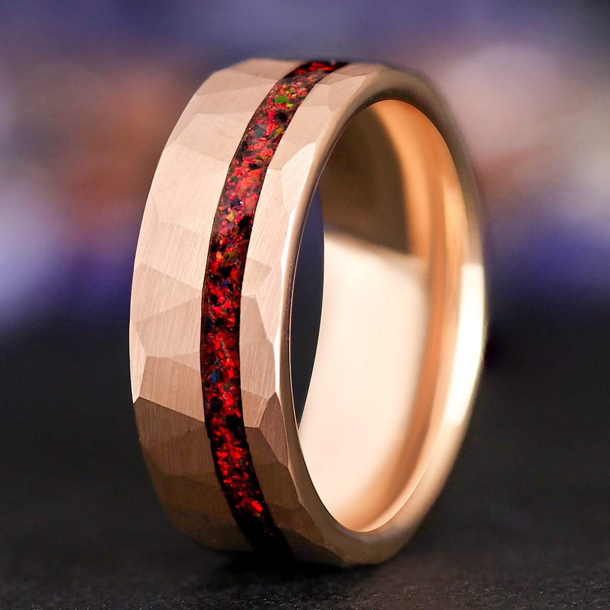 Veloura Black Opal Couples Ring in Rose Gold, His and Hers Wedding Ring Set, Black Fire Opal, Matching Bands, Nontraditional Engagement Ring Set