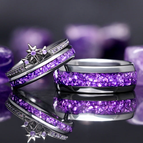 Amethyst Star couples ring set his and hers cosmic wedding bands