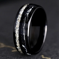 Diamond Black Tungsten Ring - Men Wedding Band, Silver Flake Inlay, Black Dust, Polish Dome, Unique Groom Ring for Him, Men Engagement Ring