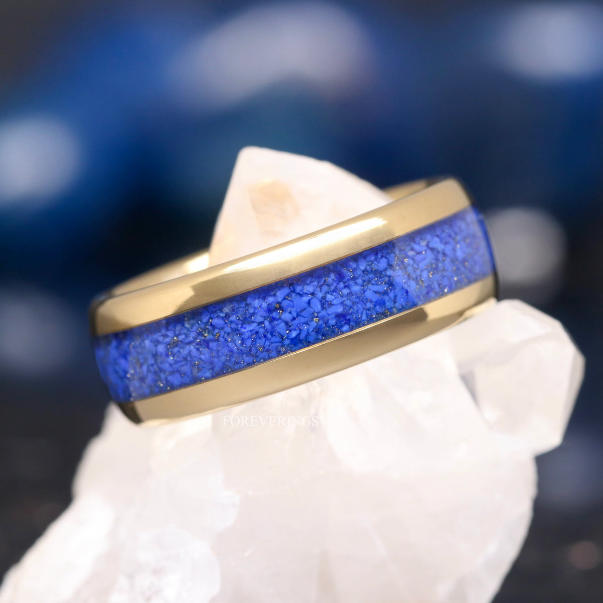 Gold Lapis Lazuli Ring Set, His and Hers Wedding Band, 8mm & 4mm Gold Tungsten Ring Set, Matching Couples Ring, Gold and Blue Lapis Ring