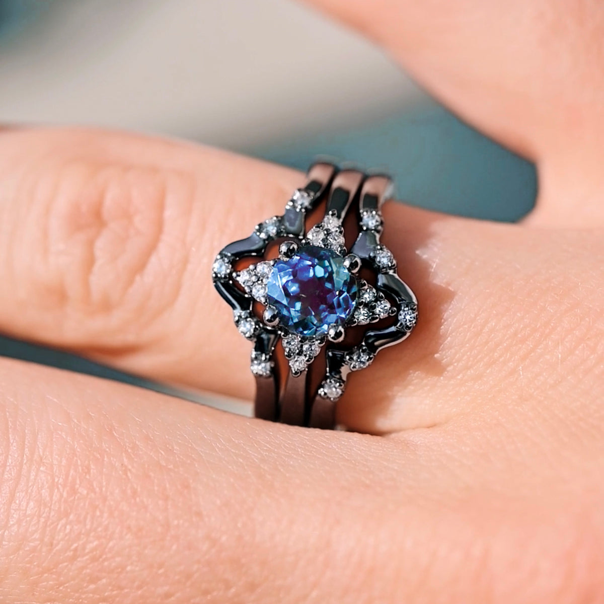 Black silver engagement rings for him and her