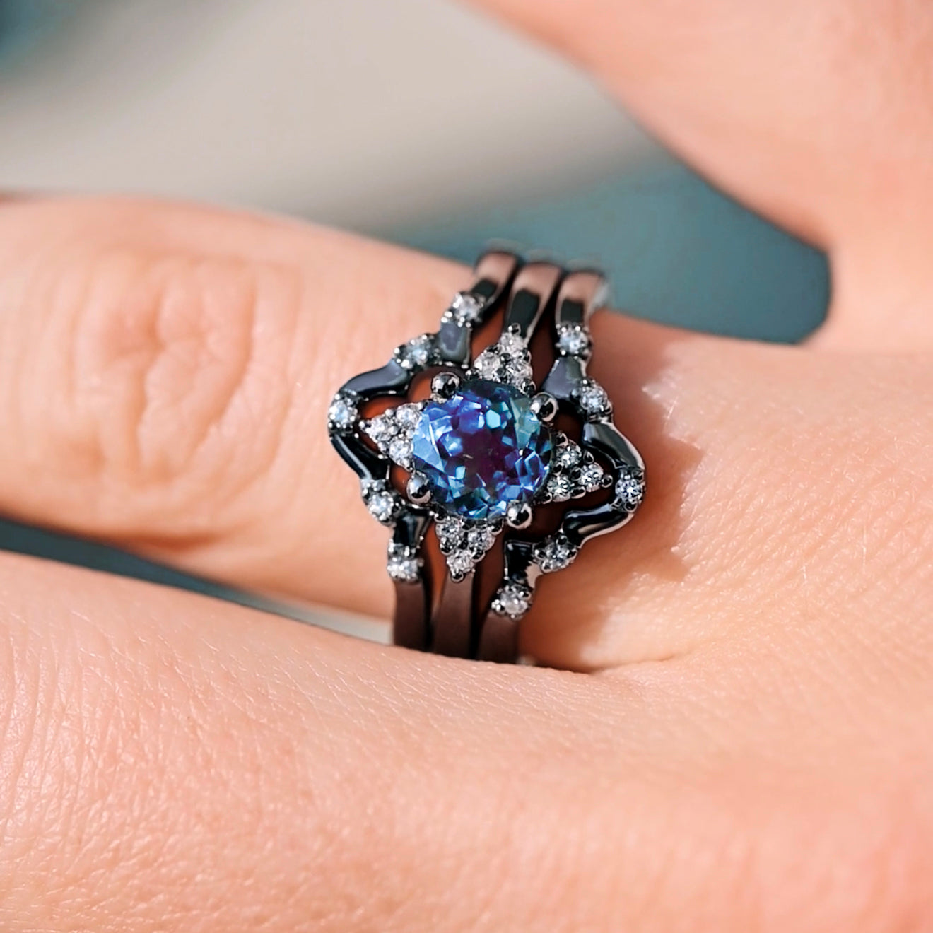 Veloura Couples Alexandrite Wedding Ring Set in Black Sterling Silver