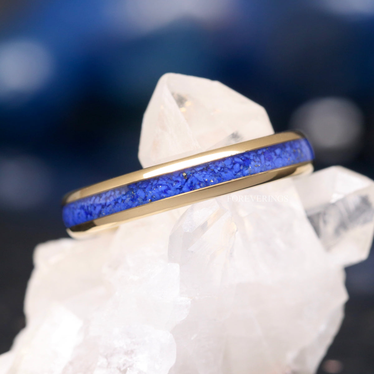 Gold Lapis Lazuli Ring Set, His and Hers Wedding Band, 8mm & 4mm Gold Tungsten Ring Set, Matching Couples Ring, Gold and Blue Lapis Ring