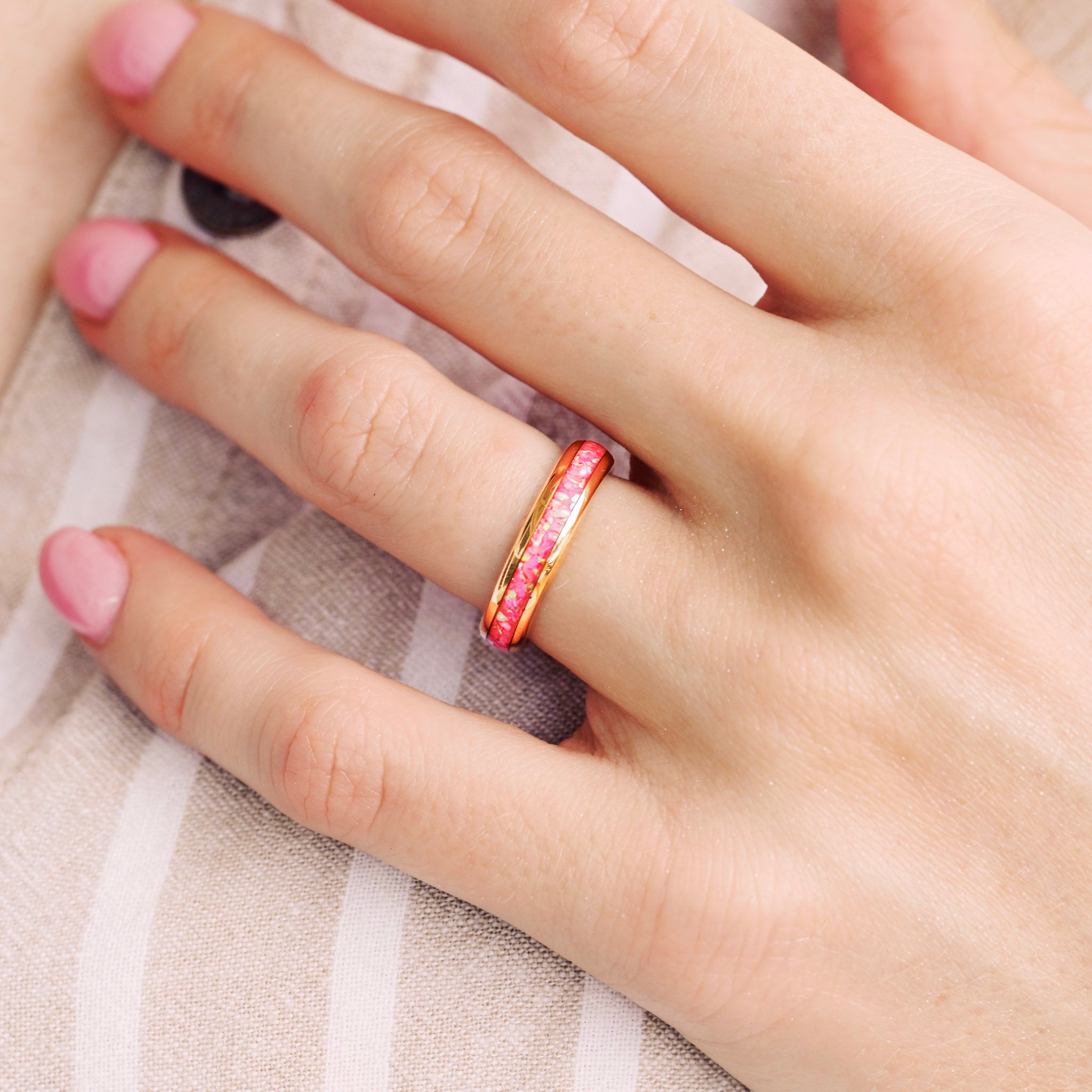 Pink Fire Opal Ring Gold Tungsten Wedding Band, 4mm Women Men Ring, Yellow Gold Band, Promise Ring for Her, Dome, Polish, Ring Engraving