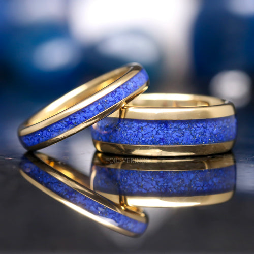 Gold Lapis Lazuli Ring Set, His and Hers Wedding Band, 8mm & 4mm Gold Tungsten Ring Set, Matching Couples Ring, Gold and Blue Lapis Ring