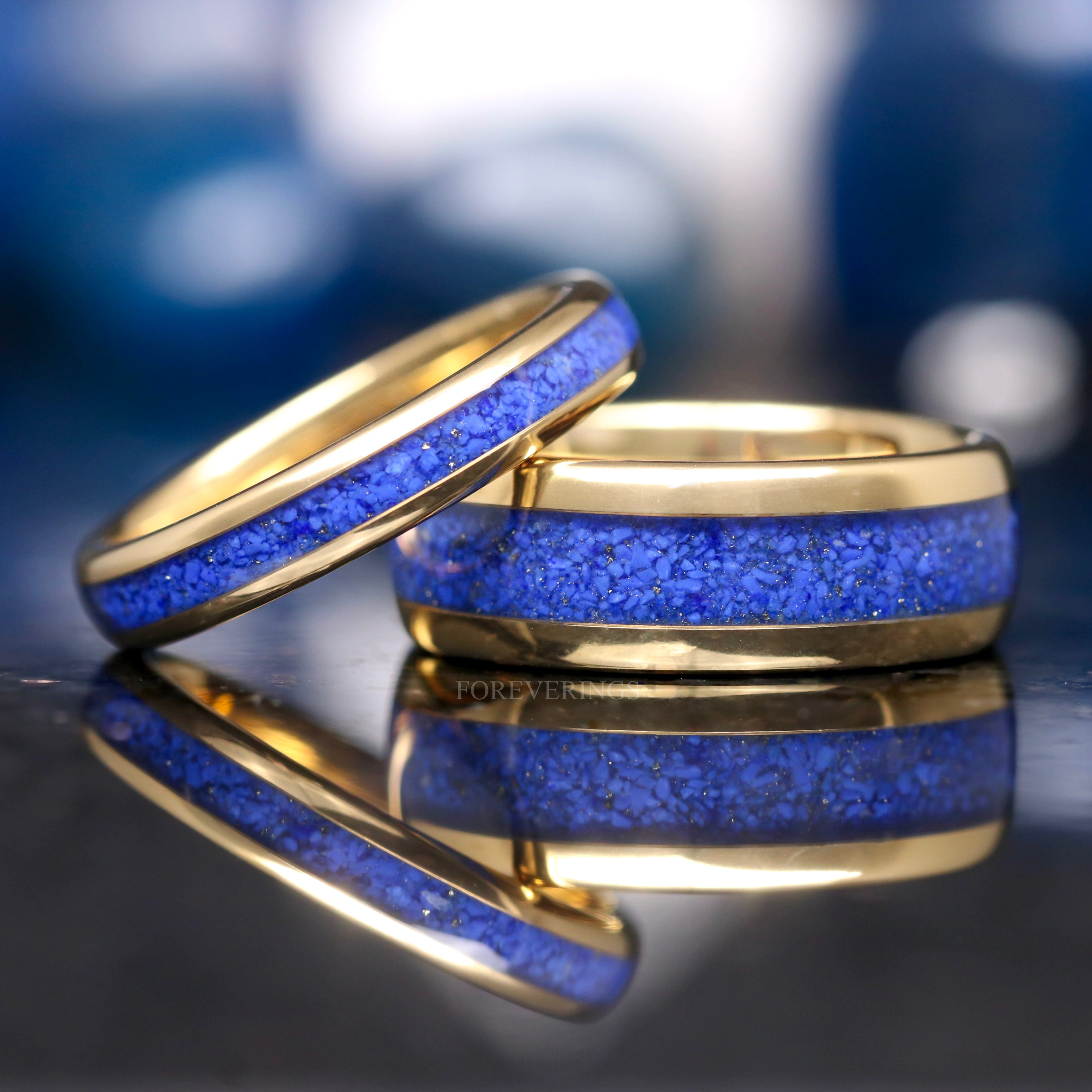 Gold Lapis Lazuli Ring, 4mm Tungsten Wedding Band, Celestial Blue Lapis Ring, Mens Womens Band, Polished, Dome, Unique Custom Engraved Ring