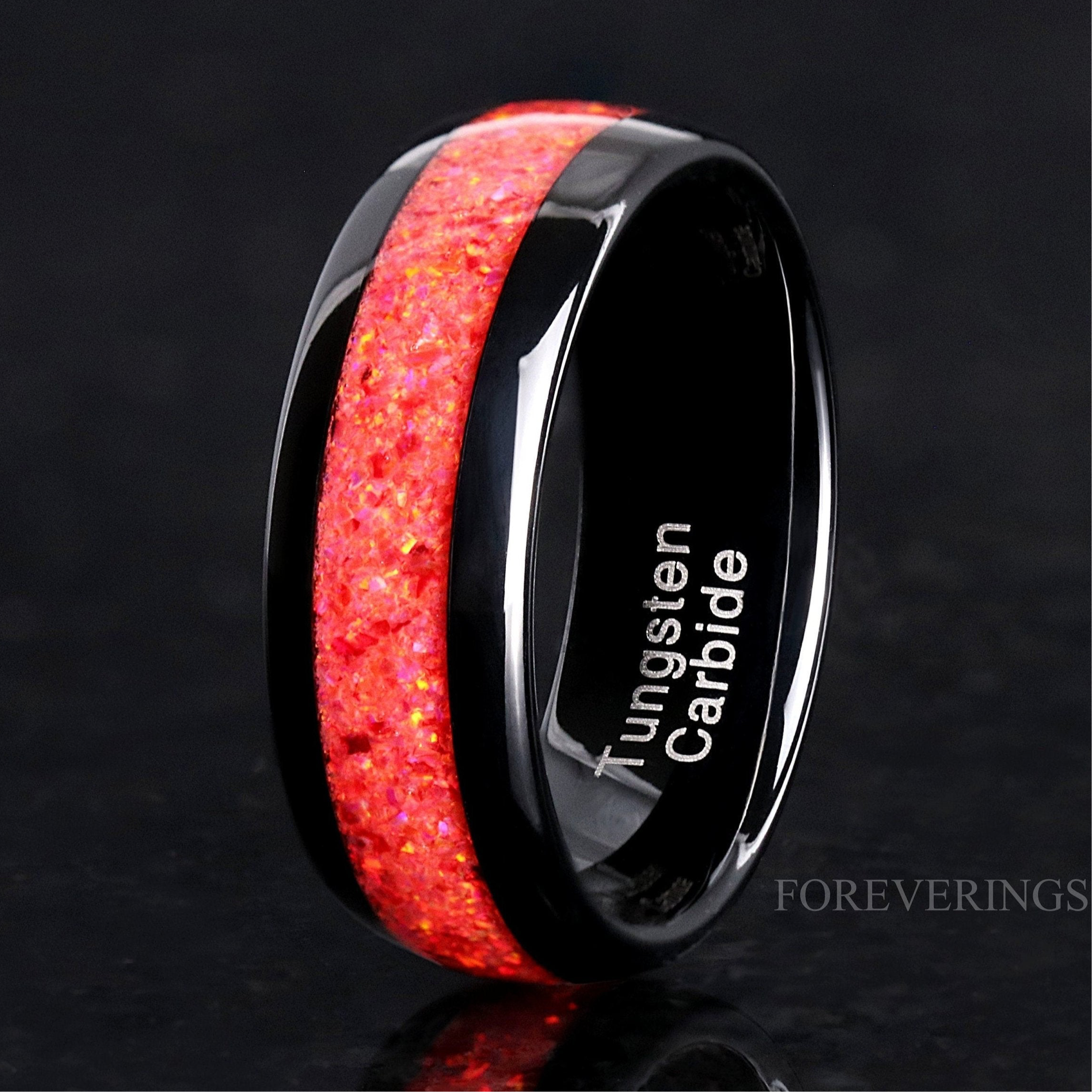 8mm Red Fire Opal Ring, Black Tungsten Ring, Men Wedding Band, Crushed Red Opal, Polished, Dome, Comfort Fit, Unique Ring