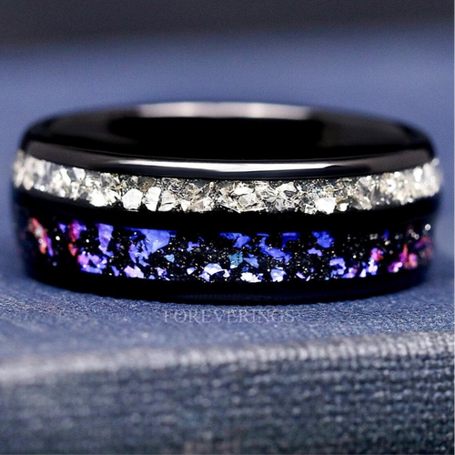 Orion Nebula Ring, Space Men Wedding Ring, Promise Ring, Black Nebula Anniversary Gift, Dome, Polish Smooth, Crushed Diamond, Black Tungsten