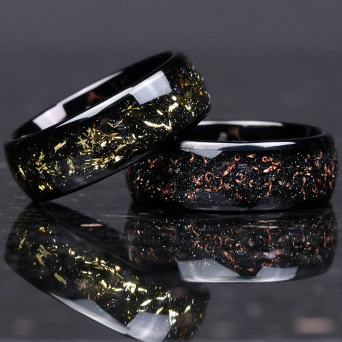 Both flake options: 8mm black tungsten rings with gold flakes and with rose gold flakes