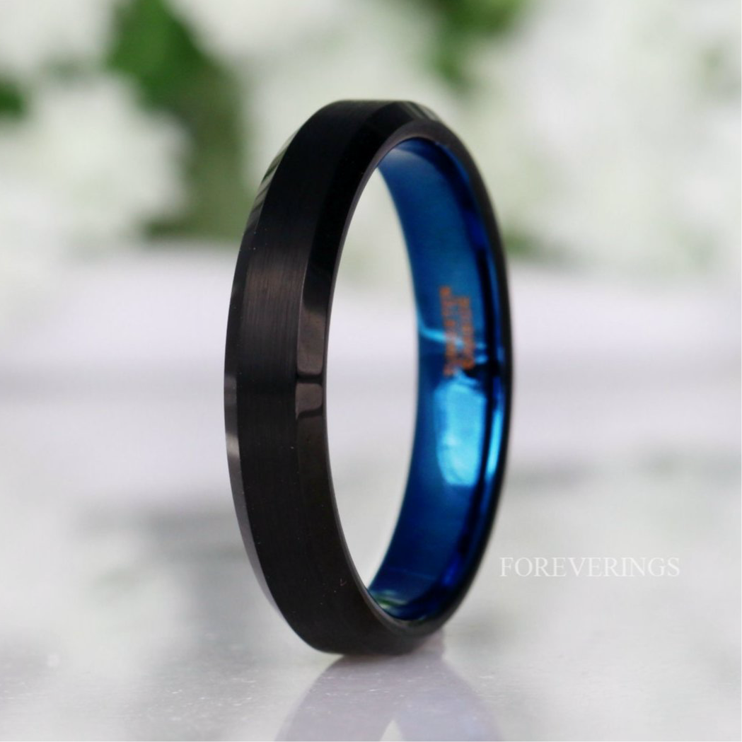 Blue Two Tone Ring, Matte Black Men Women Wedding Band, 4mm Thin Two Tone Tungsten Ring, Simple Minimalist Band, Ring Engraving