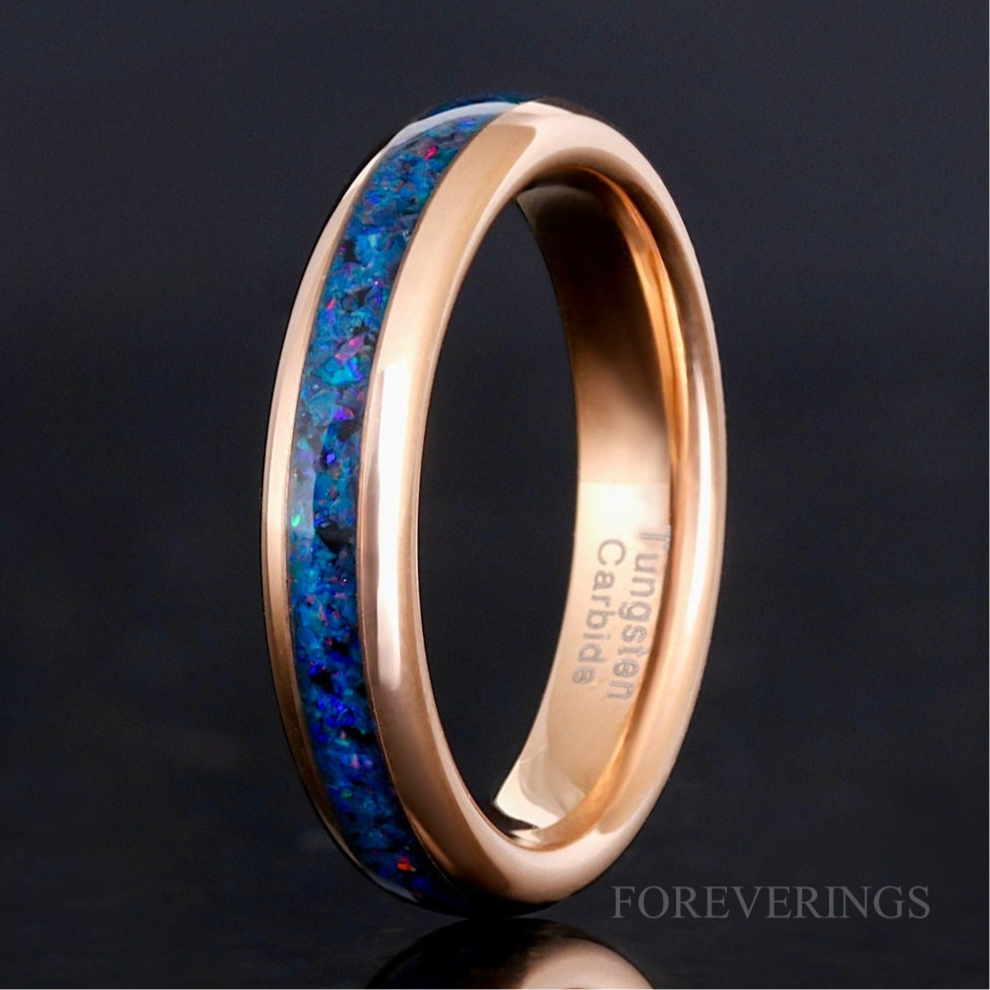 4mm Indigo Blue Fire Opal Band, Rose Gold Tungsten Wedding Band, Man Woman Ring, Polished, Dome, Unique Wedding Band, Promise Ring, Engrave