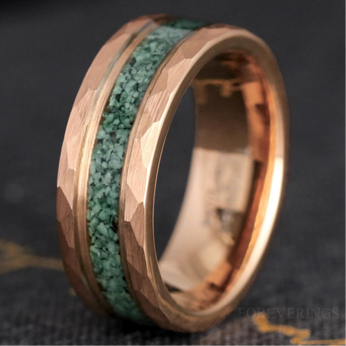 Moss Agate Ring Men, Rose Gold Wedding Band, Personalized Gift, Men Green Moss Agate Band, Flat Matte, Hammer Tungsten, Earthy Nature Ring