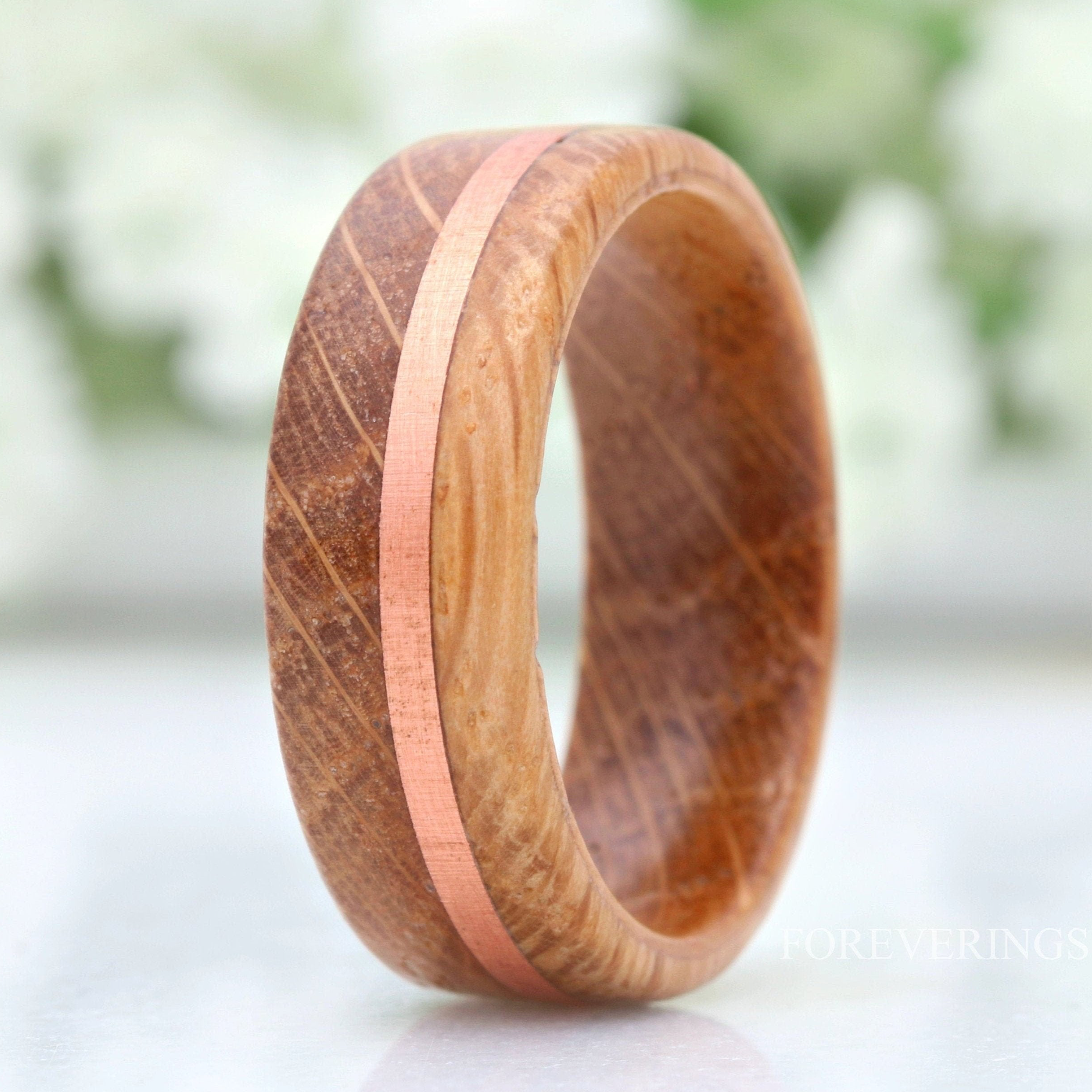 8mm Whiskey Barrel Ring, Men Wood Wedding Band, Wood Ring with Copper Inlay, Polished, Comfort Fit, Flat, Birthday Anniversary Gift for Him