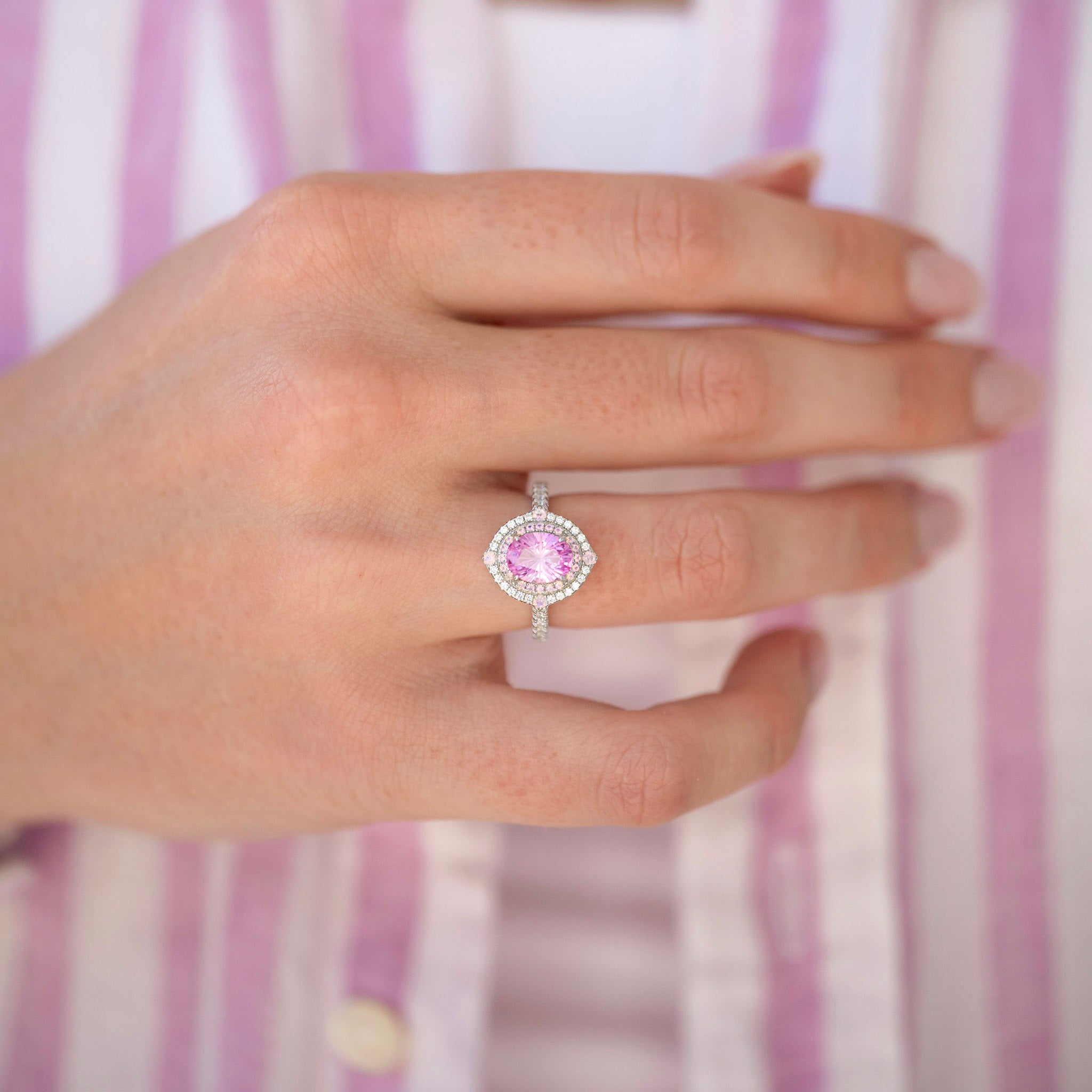 Aurelia Lab Pink Sapphire Engagement Ring, Nontraditional Wedding Ring, Woman Silver Promise Ring, Oval Cut Halo Ring, Opalescent Cardinal Stone
