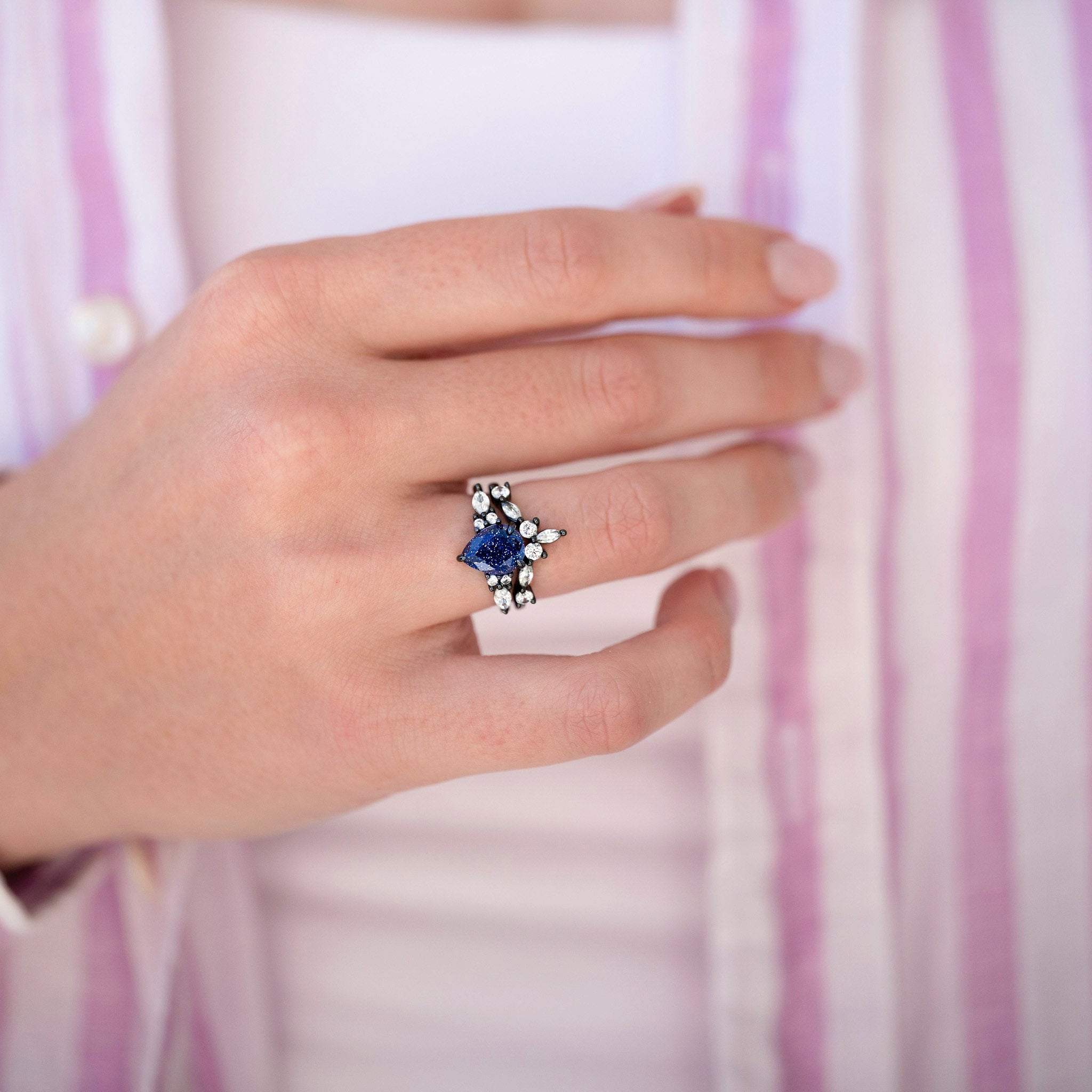 Great Rift Nebula Ring, Black Rhodium Engagement Ring Set, Black Ring, 925 Sterling Silver, Outer Space Wedding Band, Blue Sandstone Ring