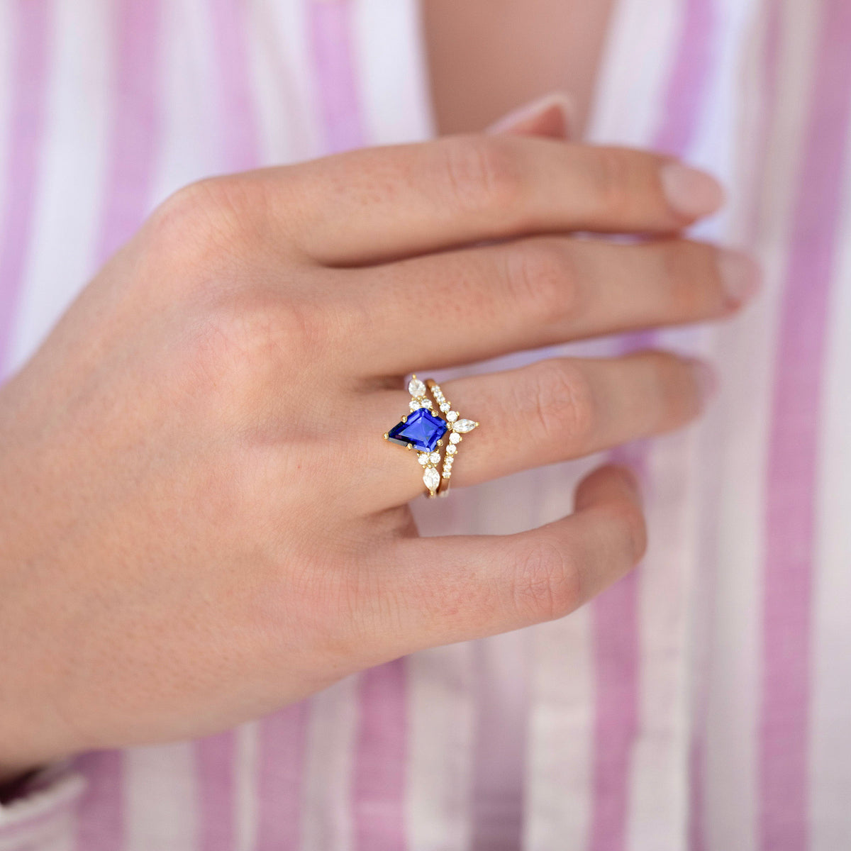 Kite Cut Blue Sapphire Engagement Ring - Orion Nebula Space Wedding Band Set, 925 Sterling Silver & Yellow Gold, Unique Gift for Her