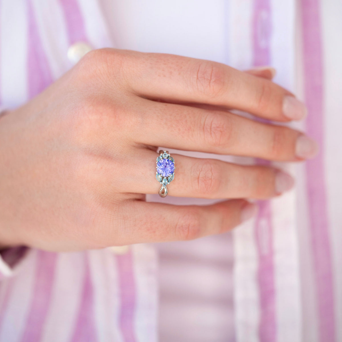 Nesta Amethyst Ring, Unique Engagement Ring, Womens Wedding Ring, Floral Nature, Enchanted Fairy Ring, Nontraditional Aquamarine Leaf Ring