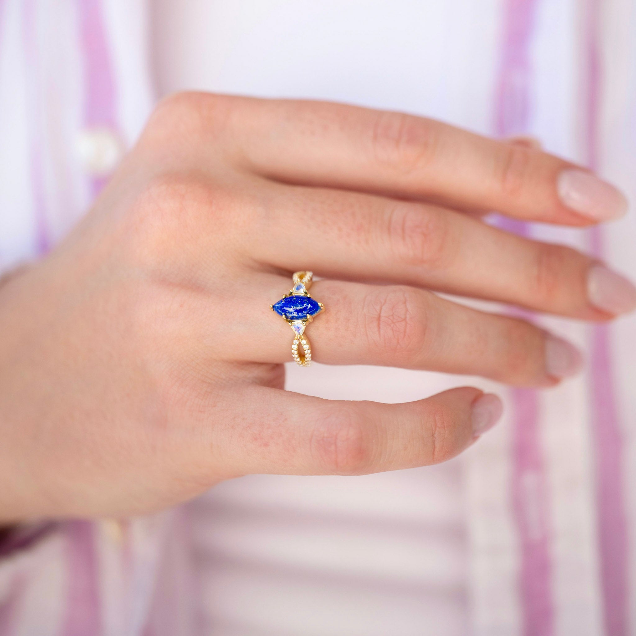 Lapis Engagement Ring Set, Couples Gold Wedding Ring, His and Hers Ring Set, Gold Leaf, Moonstone, Matching Promise Ring, Blue Lapis Lazuli