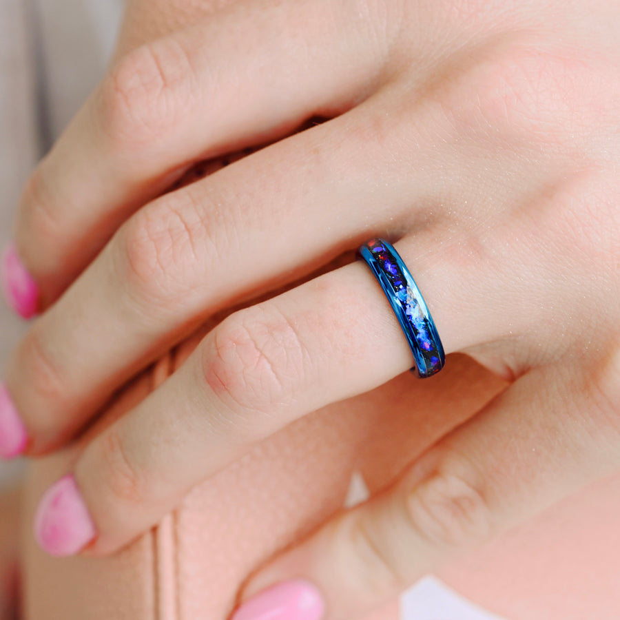Orion Nebula Ring Set Blue, His and Her Tungsten Wedding Band, 8mm & 4mm Blue Nebula Ring, Outer Space Couples Ring, Polish, Dome, Engraving