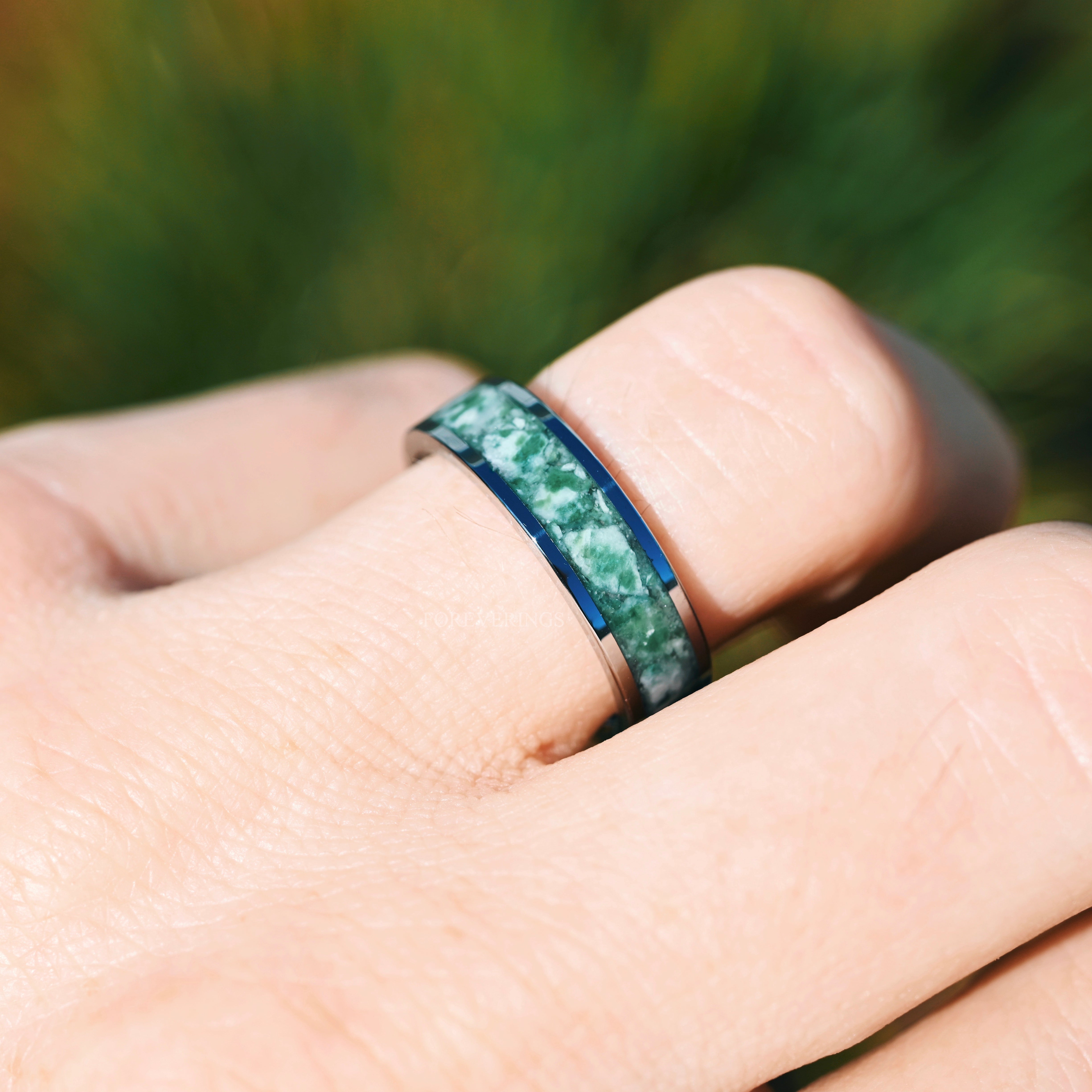 Green Moss Agate Coffin Kite Ring Set, His and Her Wedding Band, Crushed Moss Agate, Matching Nature Couples Ring, Alternative Engagement Ring