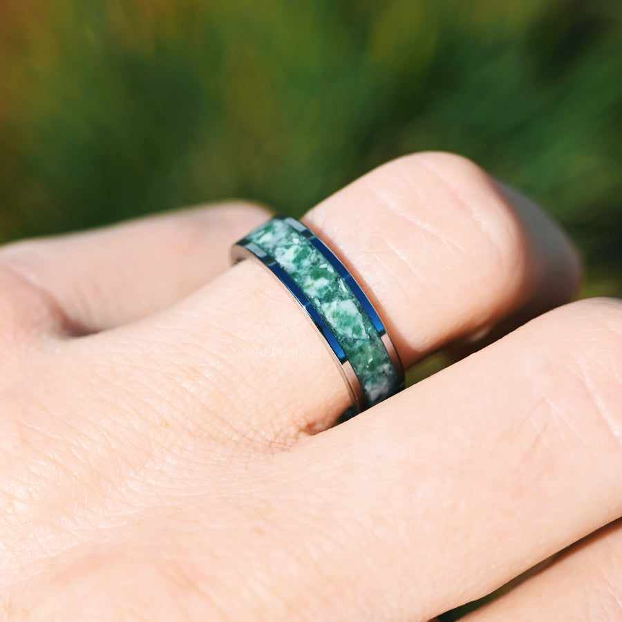 Green Moss Agate Tungsten Wedding Band for Men, 6mm Silver Ring, Flat Polish, Comfort Fit – Unique Wedding Ring for Him, Anniversary Gift