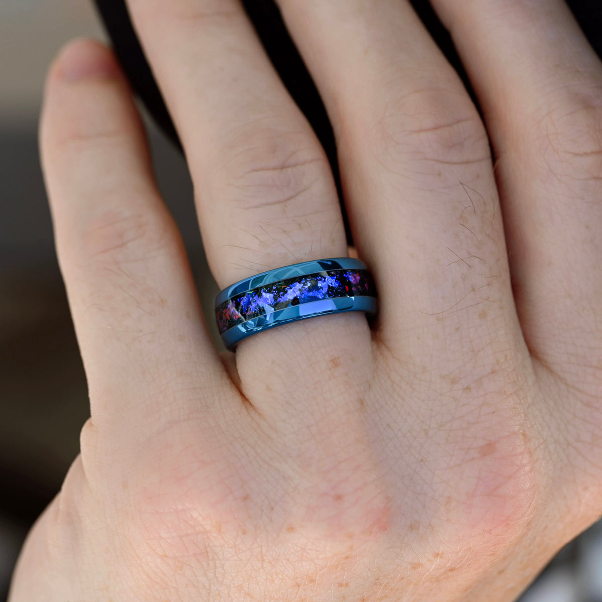 Orion Nebula Ring Set Blue, His and Her Tungsten Wedding Band, 8mm & 4mm Blue Nebula Ring, Outer Space Couples Ring, Polish, Dome, Engraving