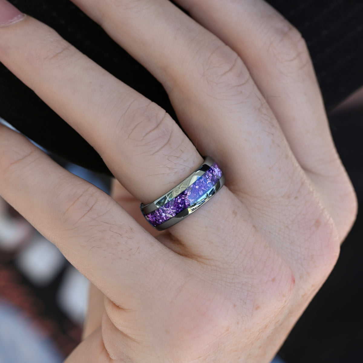 Amethyst Ring, Purple Men’s Wedding Band, 8mm Silver Tungsten Ring, Unique Men’s Engagement Band, Promise Ring Gift, Dome Polish Comfort Fit